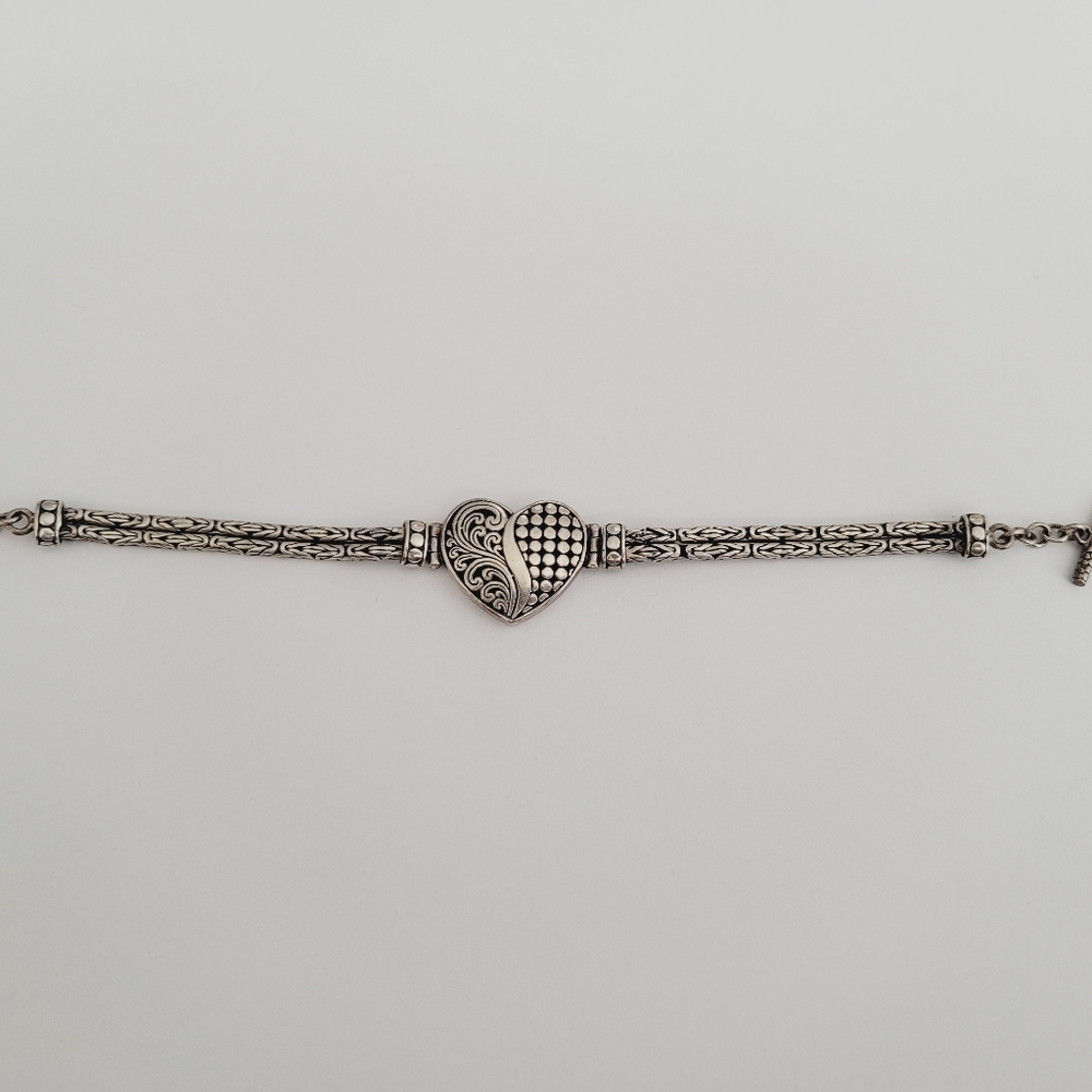 Sterling Silver ATI Heart Scroll Byzantine Double Link Chain Toggle Bracelet